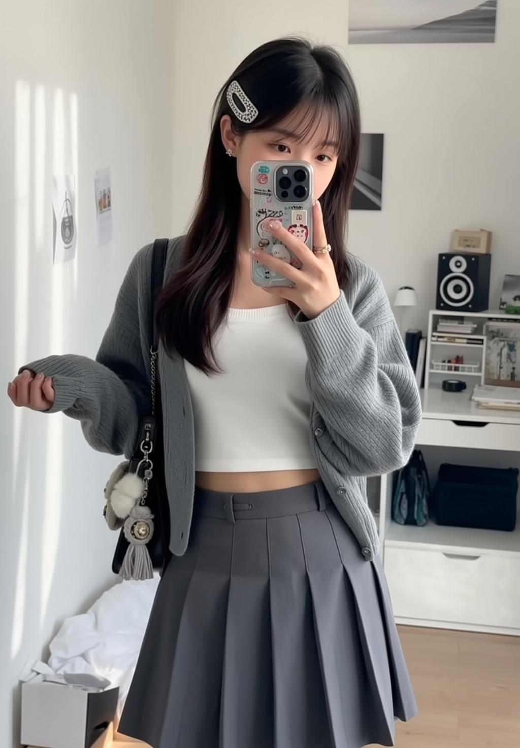 Grey Cardigan Bedroom Skirt Selfie