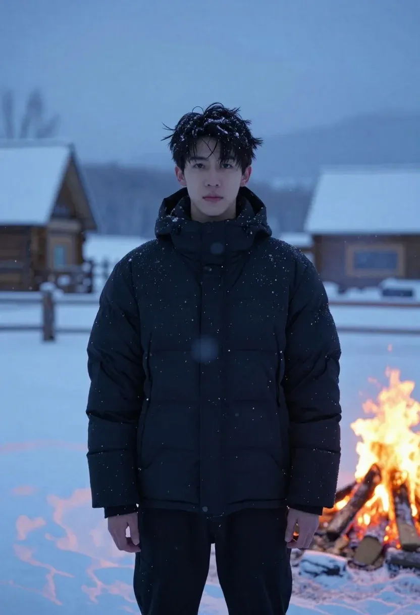 Young Man Stands Snowy Landscape Twilight With Snow Falling Gently