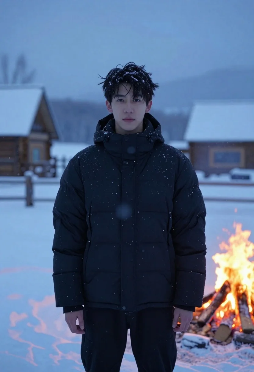Young Man Stands Snowy Landscape Twilight With Snow Falling Gently
