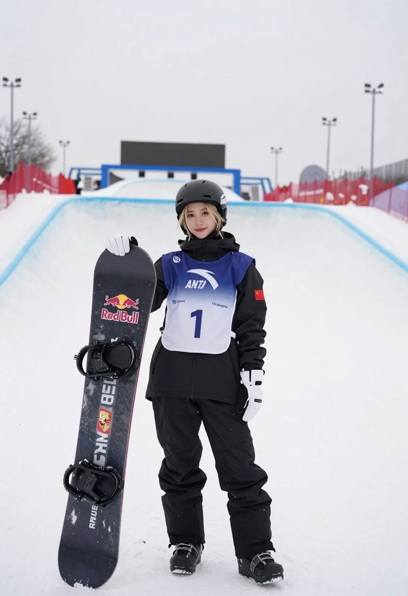 Female Snowboarder Stands Snowy Halfpipe Arena Holding Her Equipment Subject reference photo