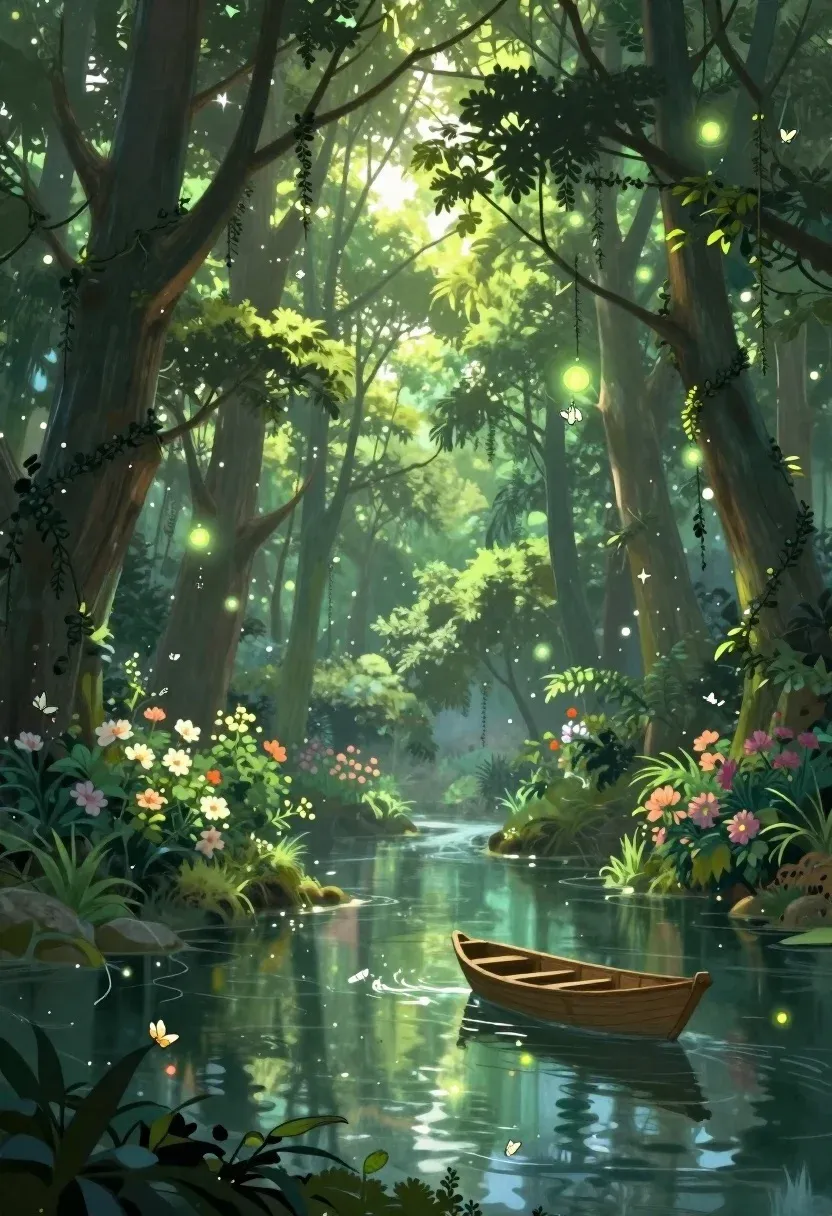 Digital Painting Enchanted Forest Scene With Glowing Green Atmosphere And