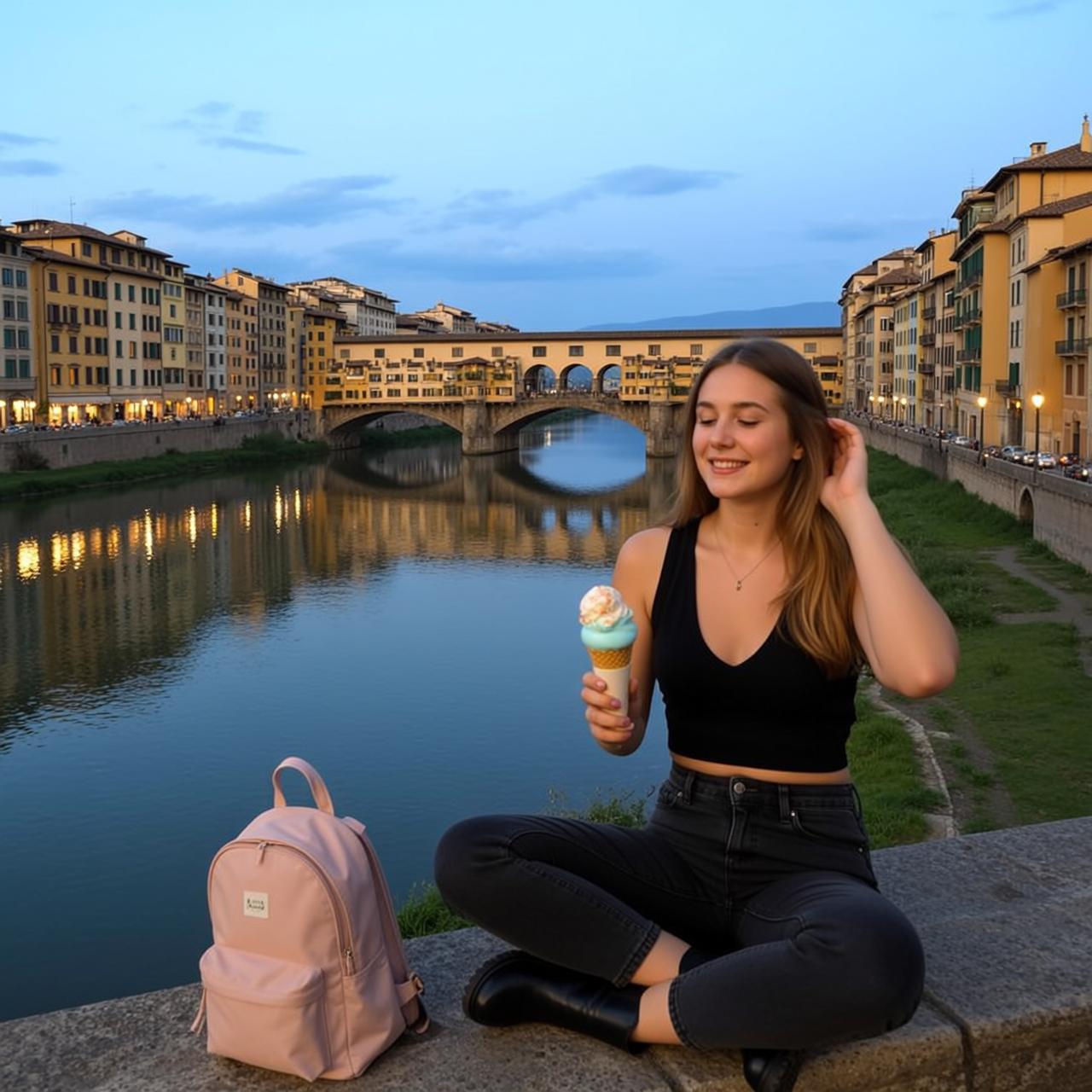 Young Woman Ice Cream Stone Ledge Gentle Smile