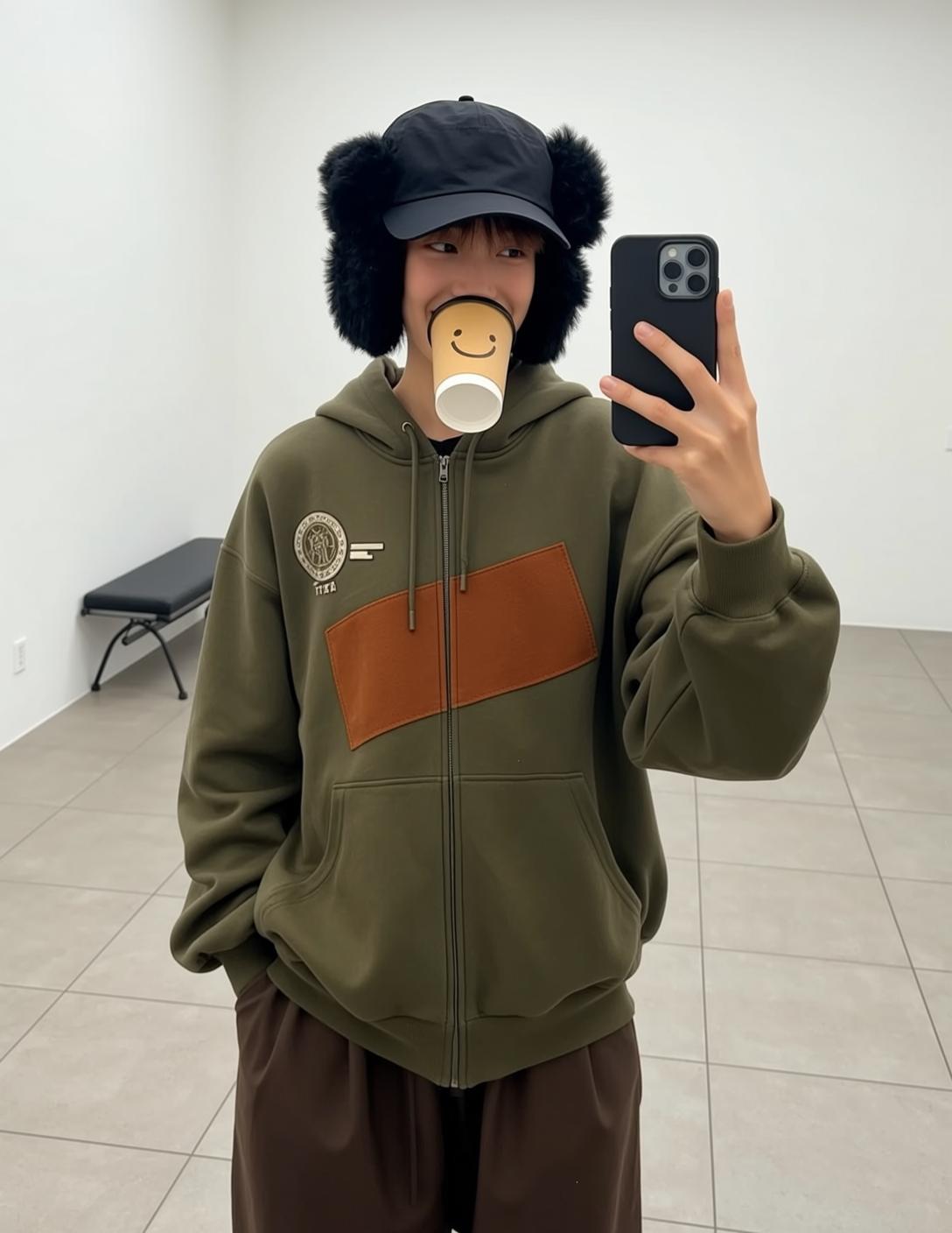 Green Hoodie Coffee Cup Selfie