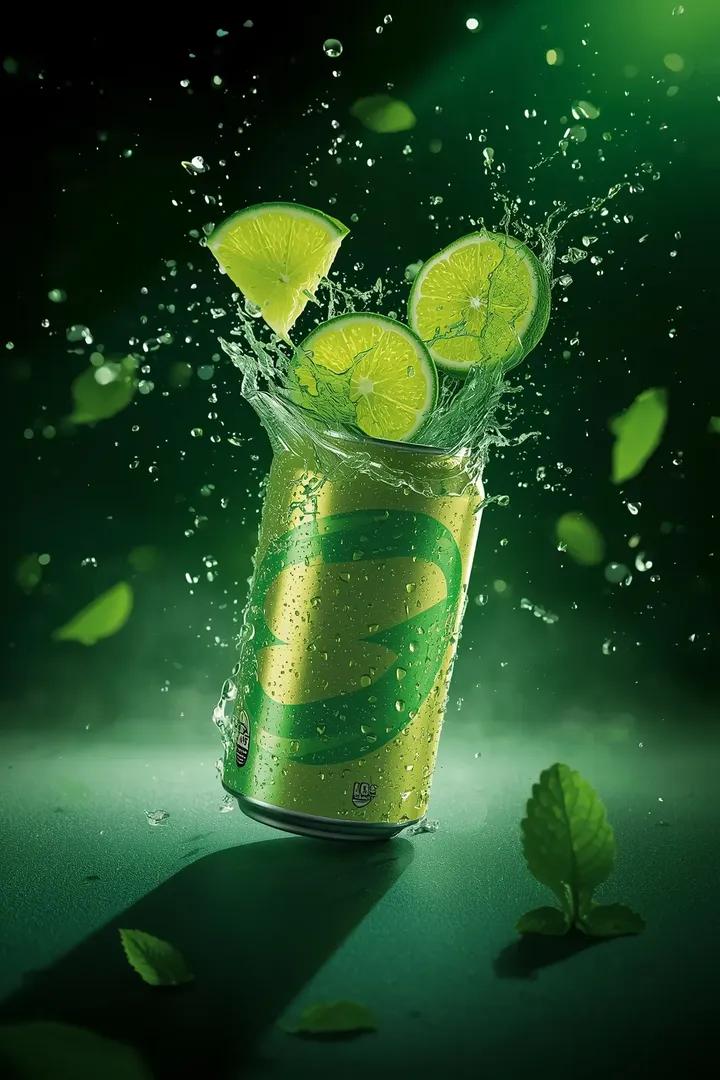 A vivid lime soda explosion, showcasing lime wedges and neon green liquid splashes under intense backlighting.