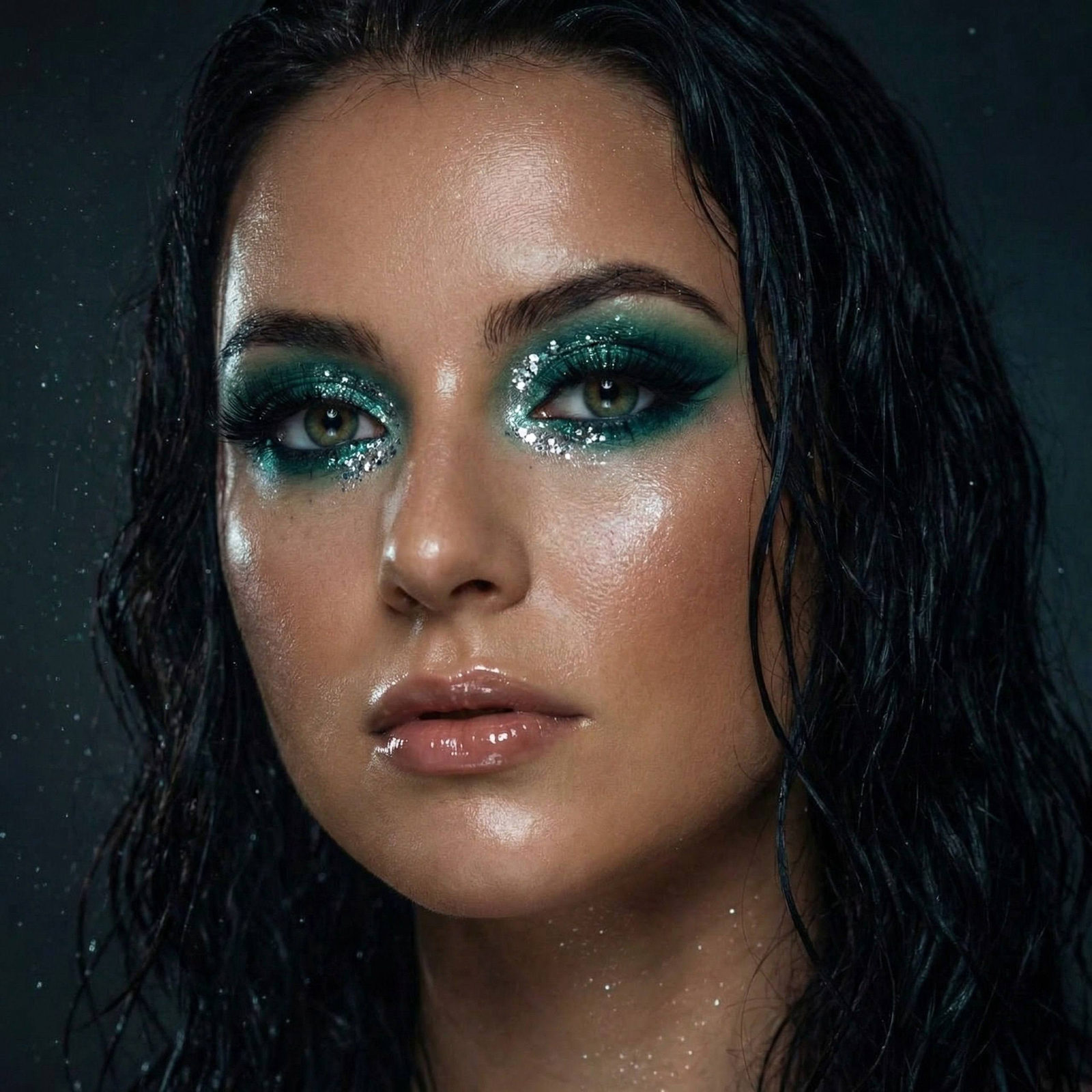 A close-up portrait of a woman with mermaid-style makeup, featuring deep emerald eyeshadow and long voluminous lashes.