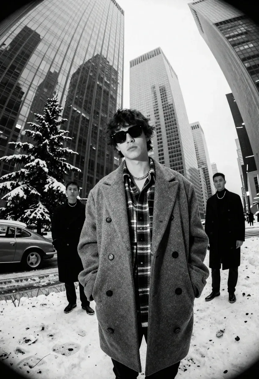 Monochrome Fashion Shot Young Man Standing The Foreground Against Backdrop