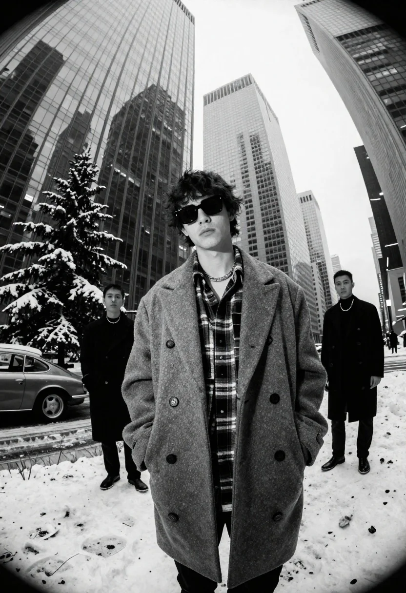 Monochrome Fashion Shot Young Man Standing The Foreground Against Backdrop