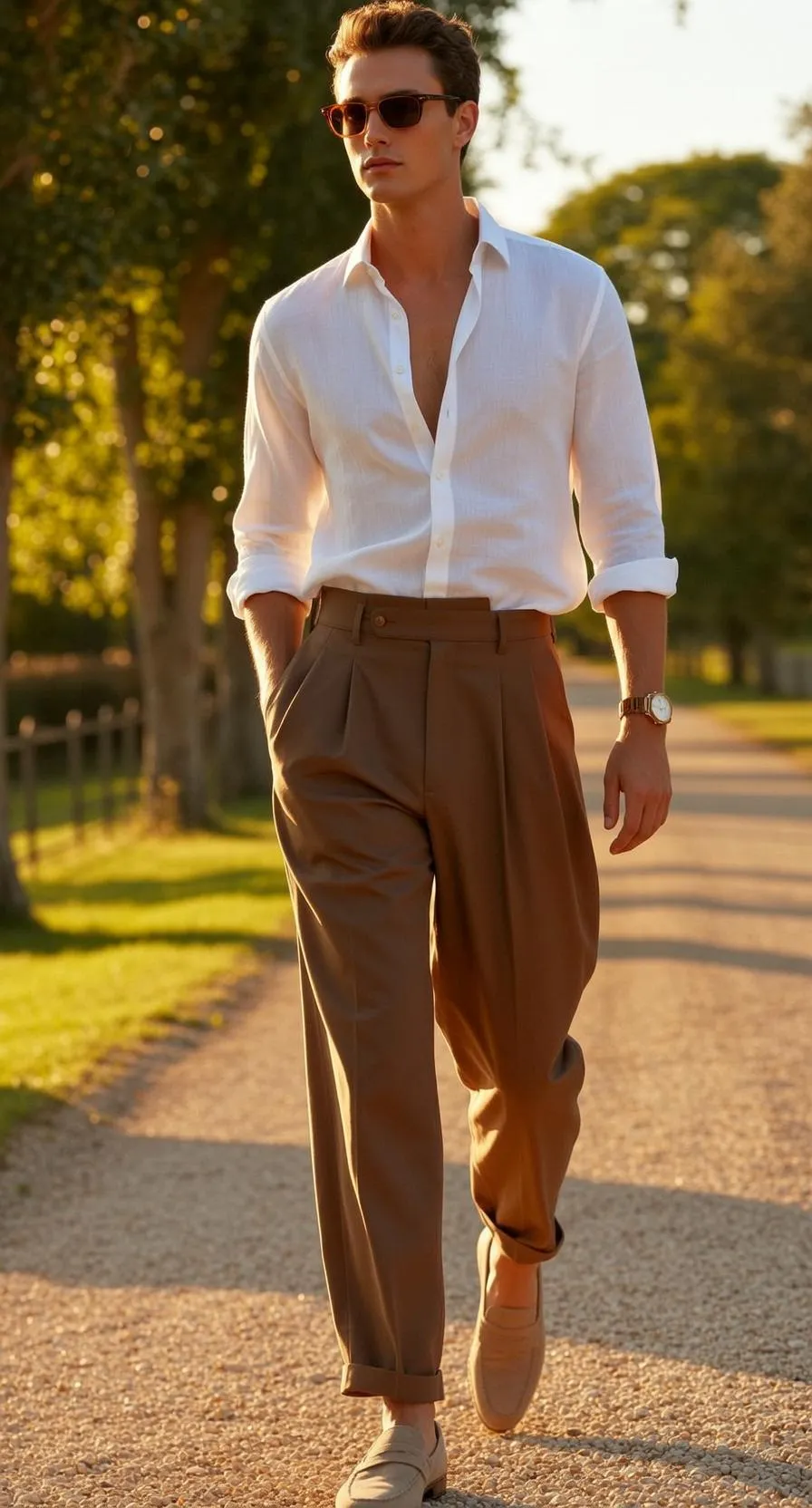 Sunglasses And Watch On Tree Lined Gravel Path