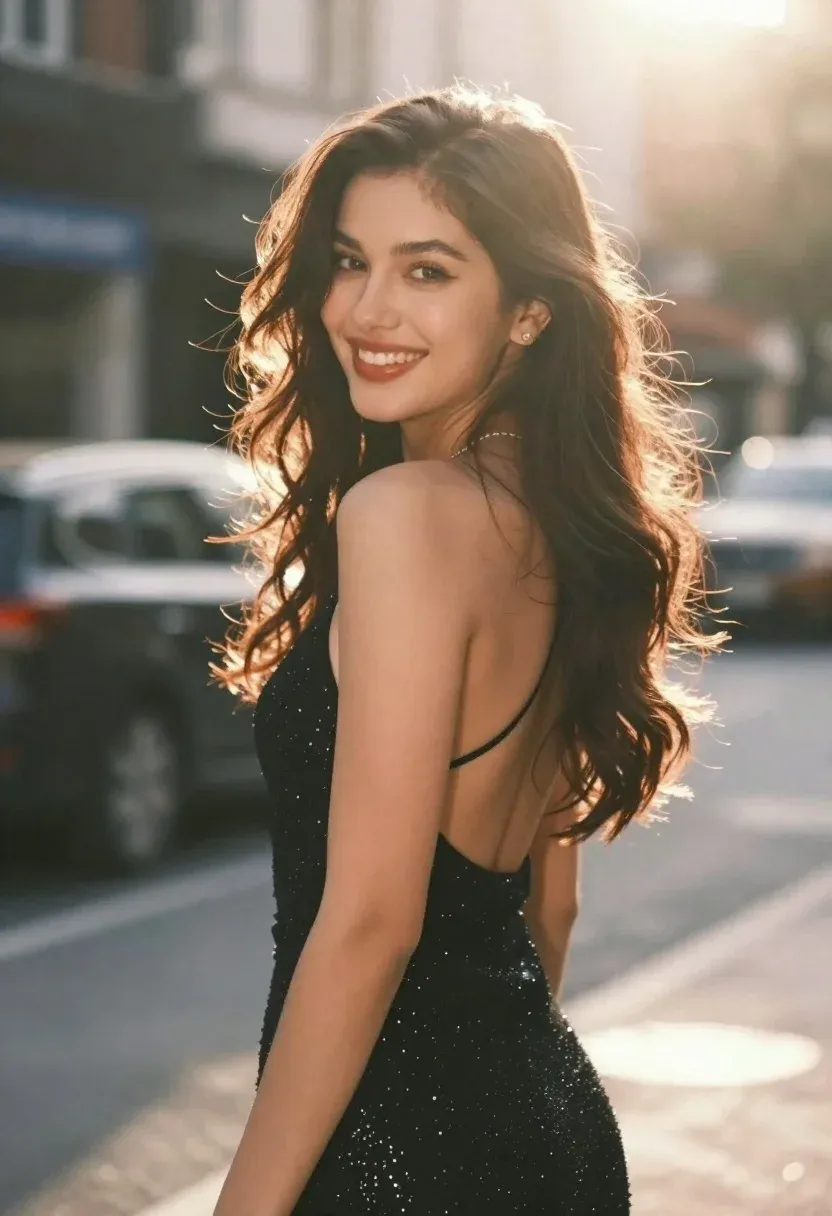 Woman With Long Wavy Brown Hair Turns Her Head Over
