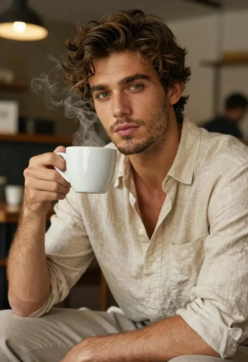 Portrait Photography Handsome Man With Tousled Brown Hair And Stubble