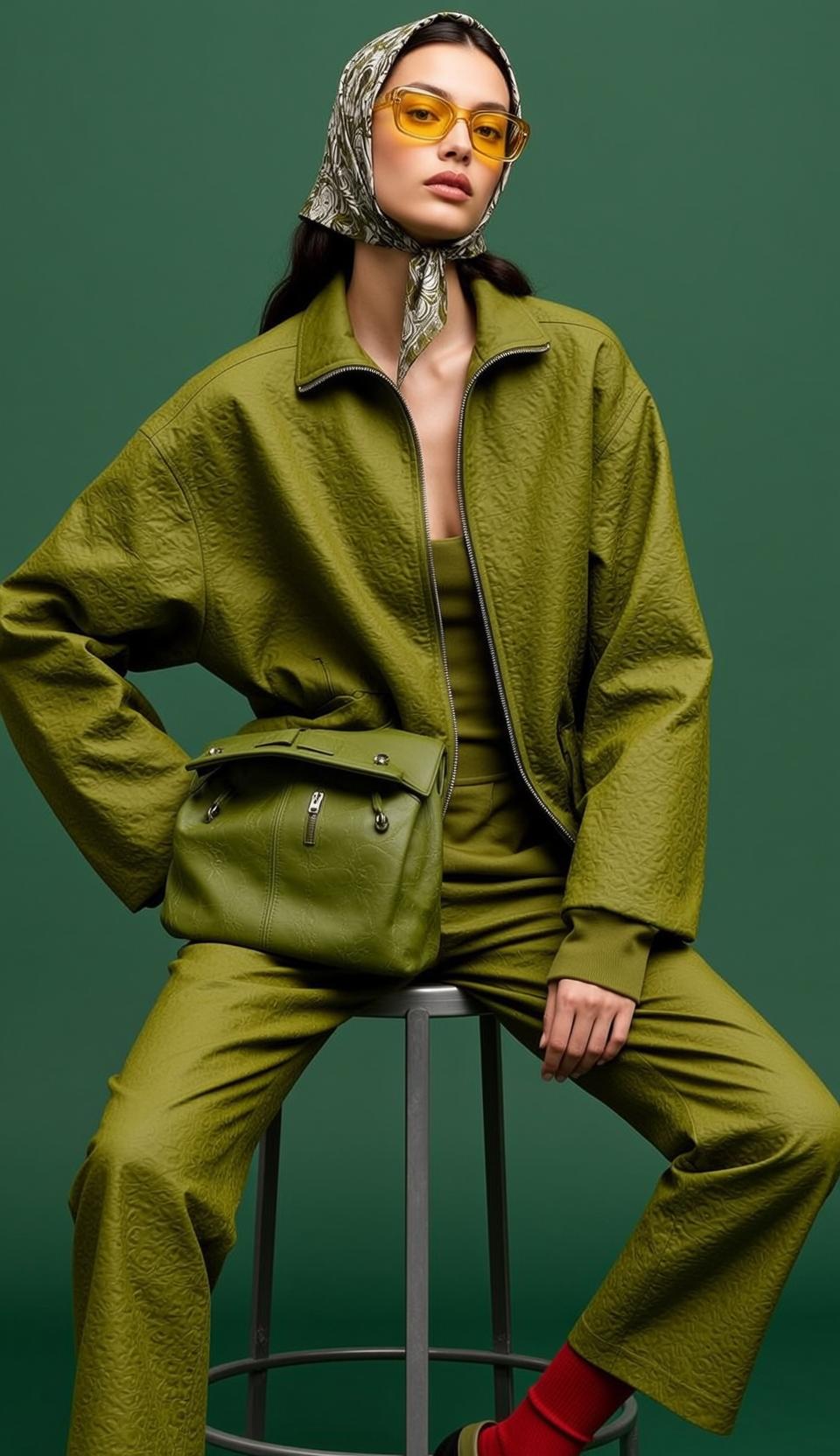 Olive Green Bomber Jacket Seated Stool Red Sock