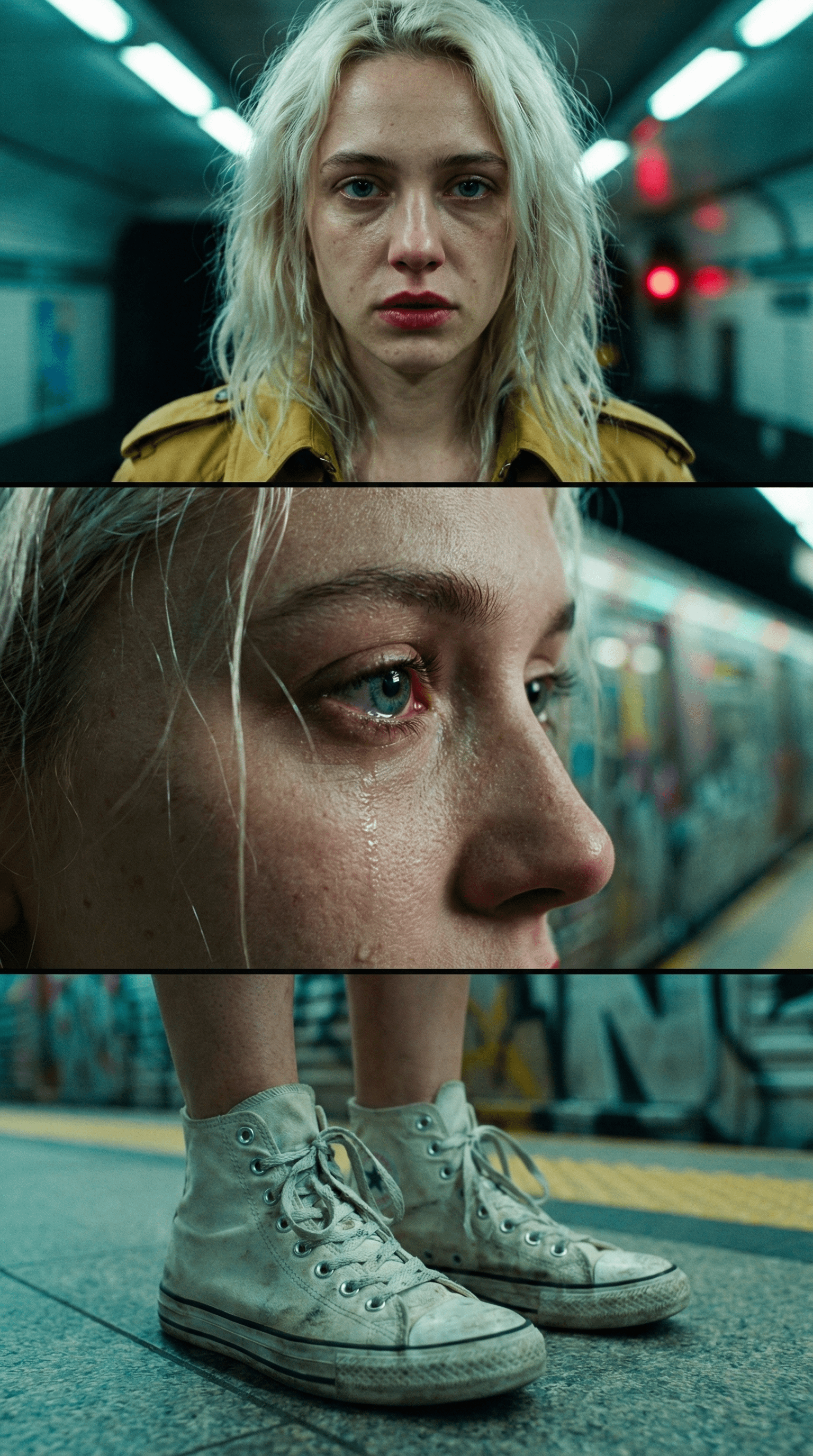 A tearful individual in a mustard jacket stands in a subway station with blurred lights, captured in medium close-up.