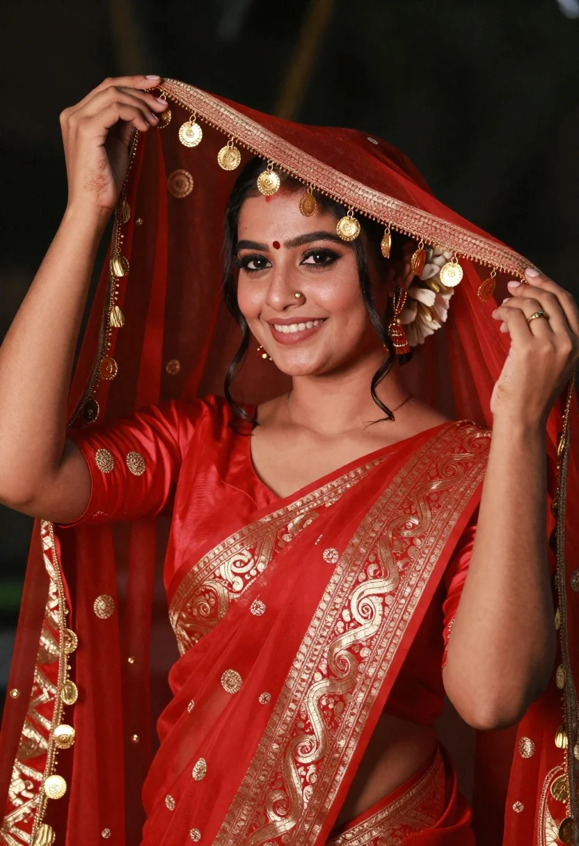 Smiling Young Woman Traditional Indian Bridal Attire Holding Red Veil reference photo