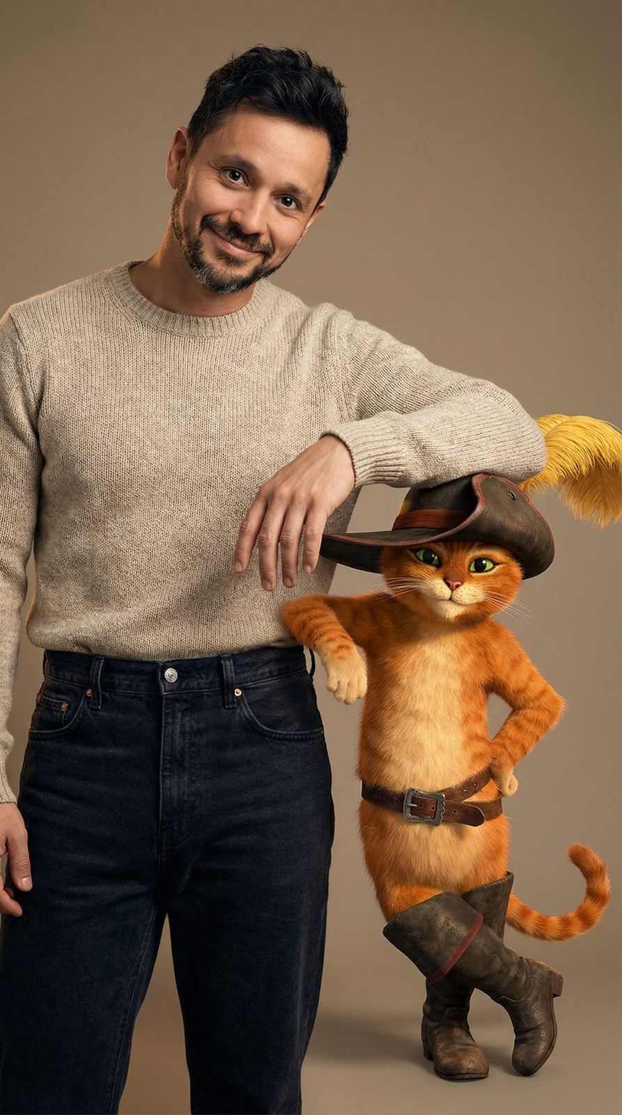 A relaxed premium fashion portrait of a person in an oatmeal beige knitted sweater and dark jeans standing beside a photorealistic animated character with detailed fur textures.