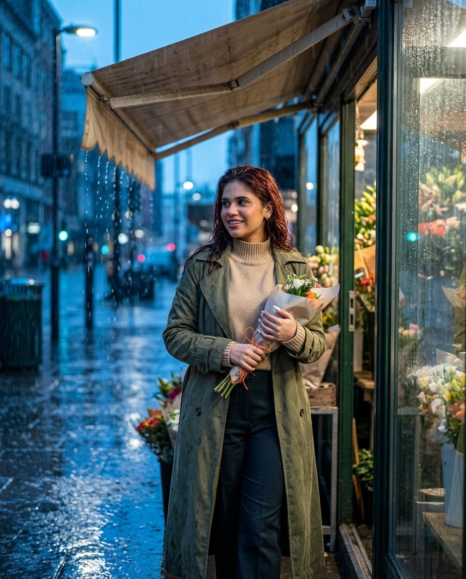 A woman taking shelter at a flower stall during monsoon rain, clothes slightly wet, with reflections on the ground.