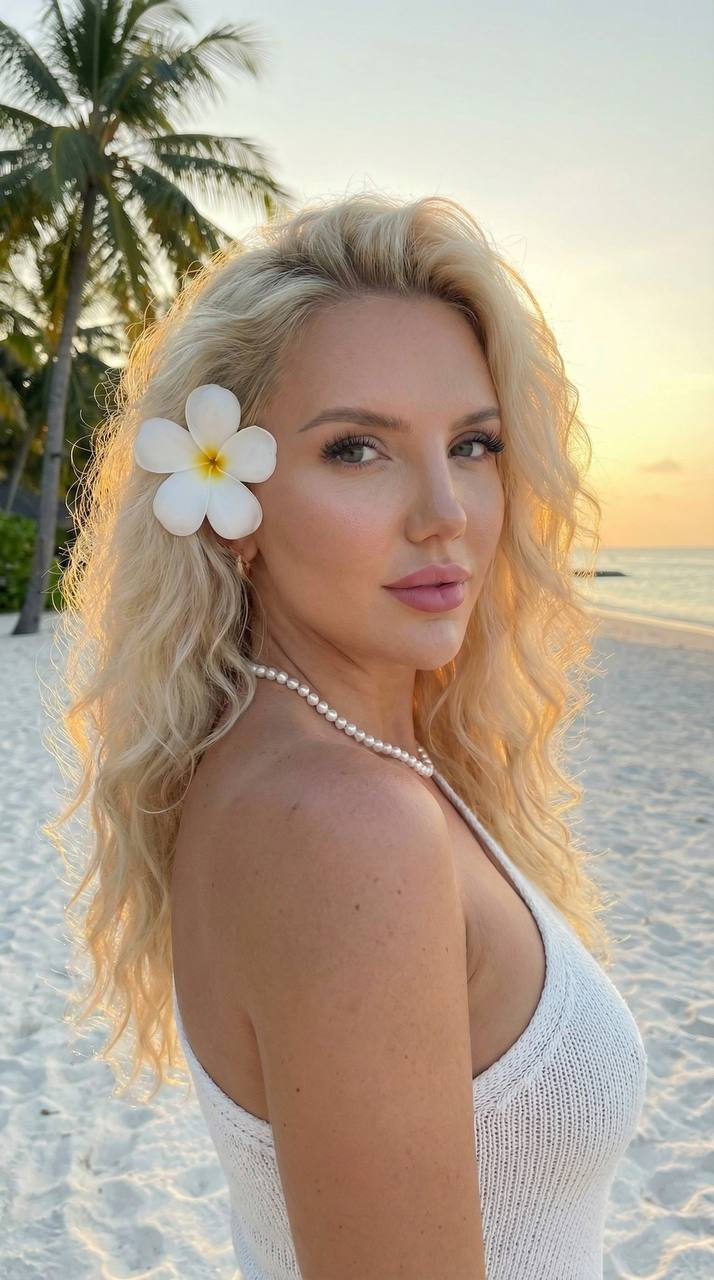 A beautiful girl on a tropical beach, wearing a pearl necklace and a white flower behind her ear, with wavy hair illuminated by sunlight.