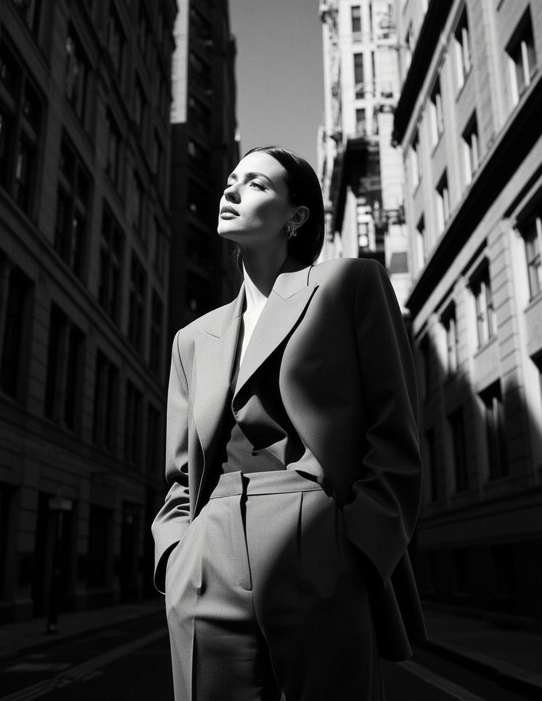 Medium Shot Full Body Portrait Woman Standing City Street Looking