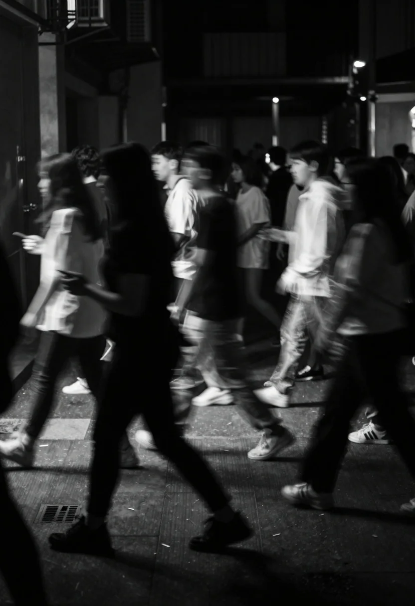 Monochromatic Long-exposure Photograph Blurred Crowd Motion Within Dimly Lit Urban reference photo