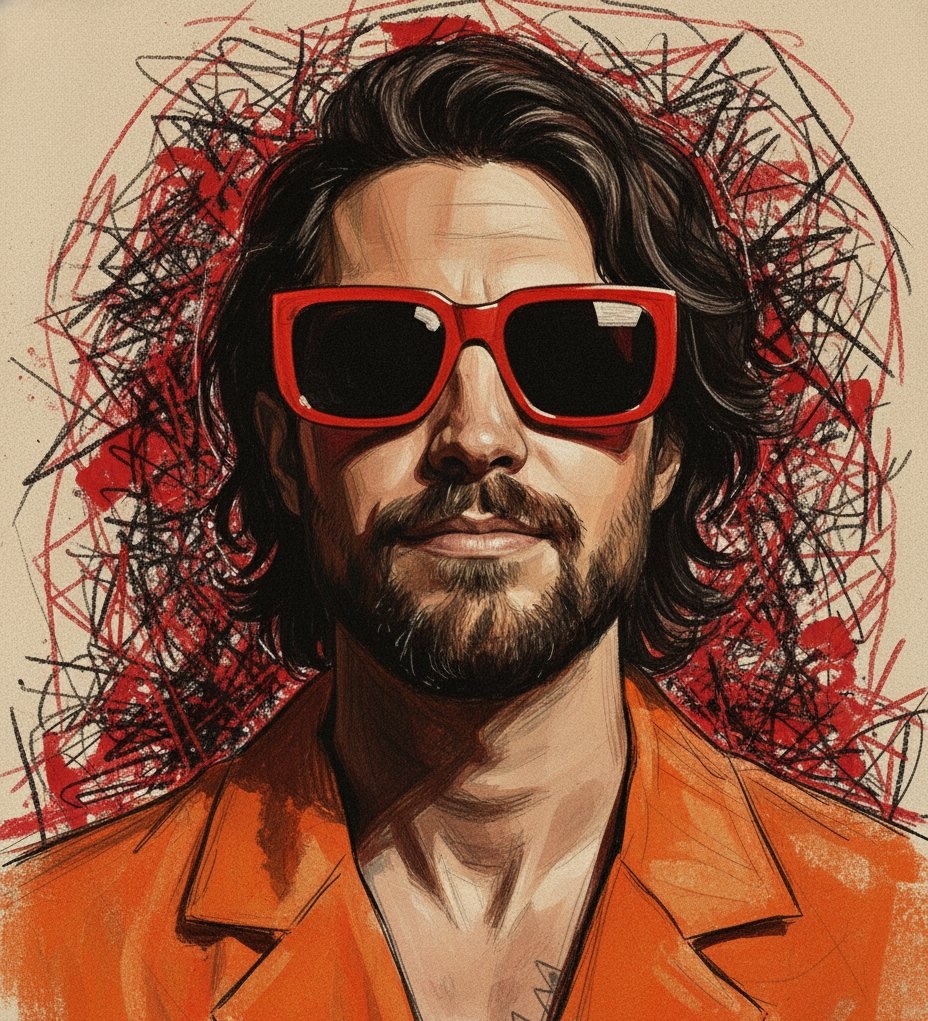 A bold abstract portrait of a confident man with red sunglasses and an orange jacket against a textured beige background.