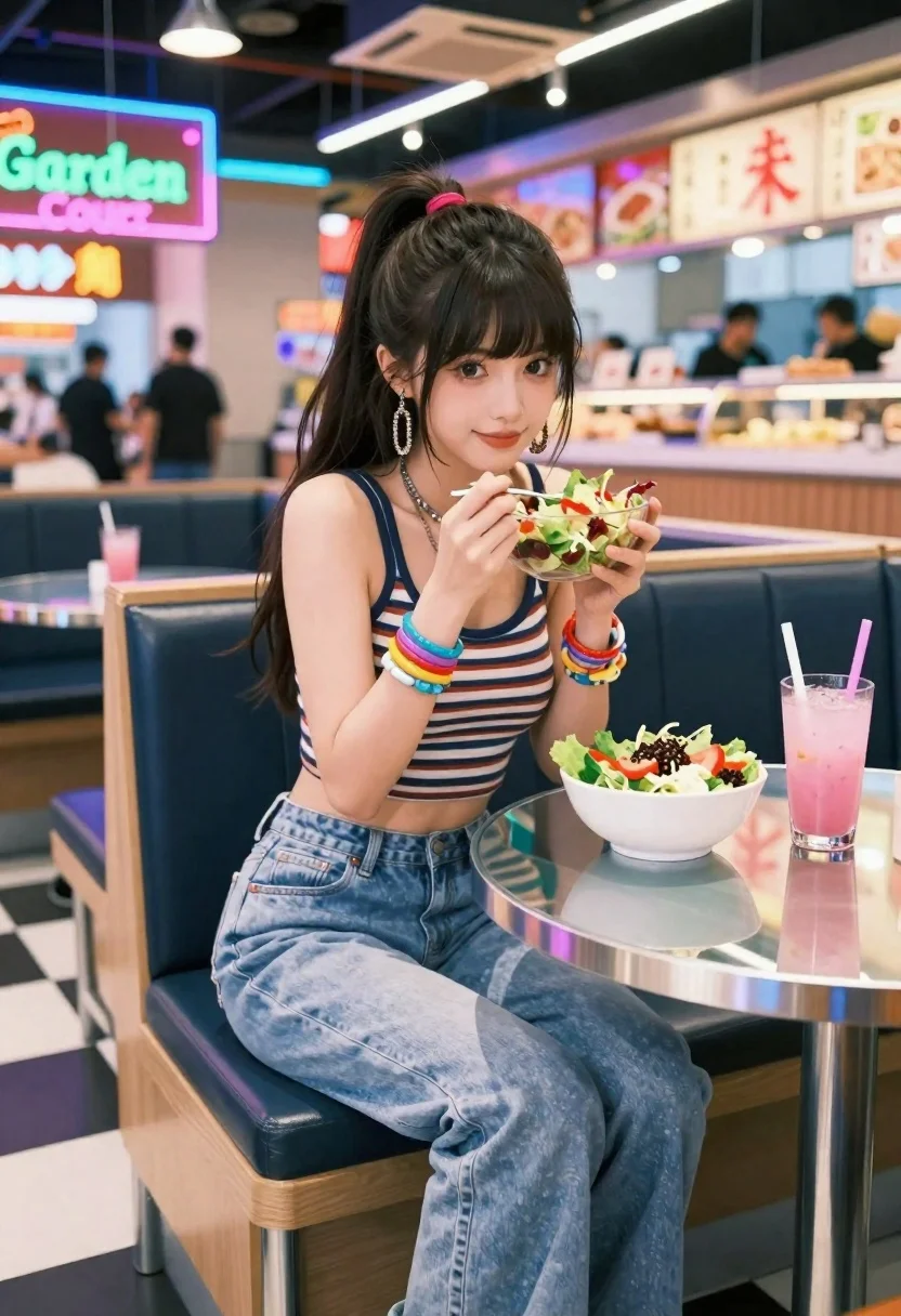 Anime-style Woman Sitting Bustling Food Court Subject Young Woman With reference photo