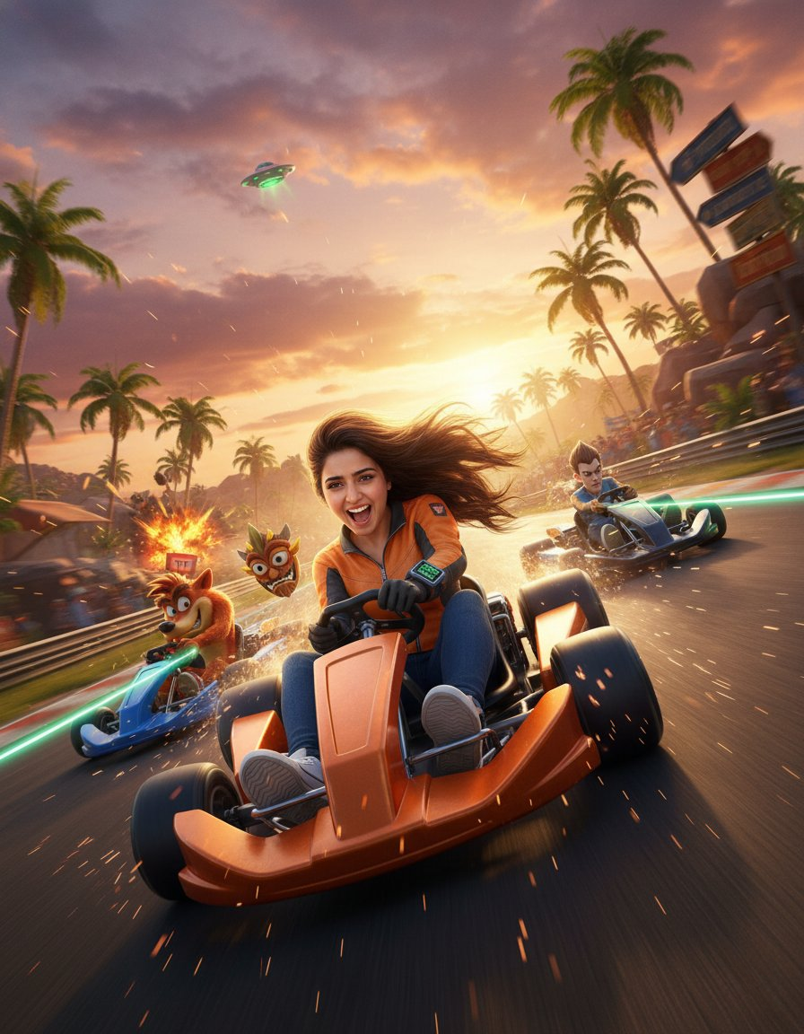 A young woman in an orange-black racing jacket, leaning in a futuristic gokart, surrounded by vibrant neon lights and palm trees at sunset.