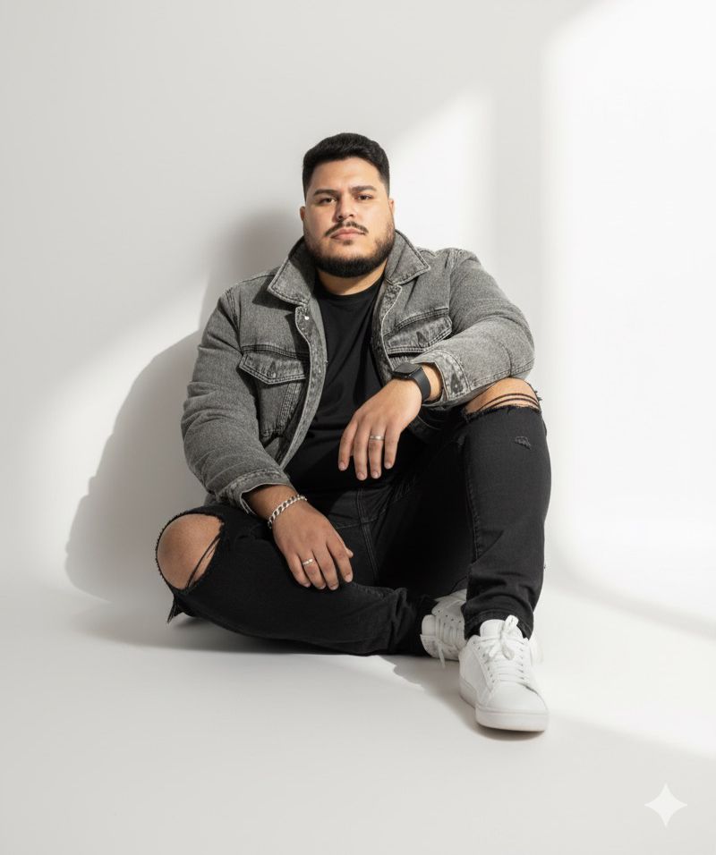 A full-body portrait of a stylish young man seated on the floor, wearing a black t-shirt and faded gray puffer jacket against an off-white wall.