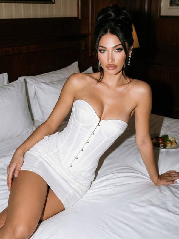 A young woman reclining on a bed in a dim hotel room, wearing a white corset dress with elegant updo and polished makeup.