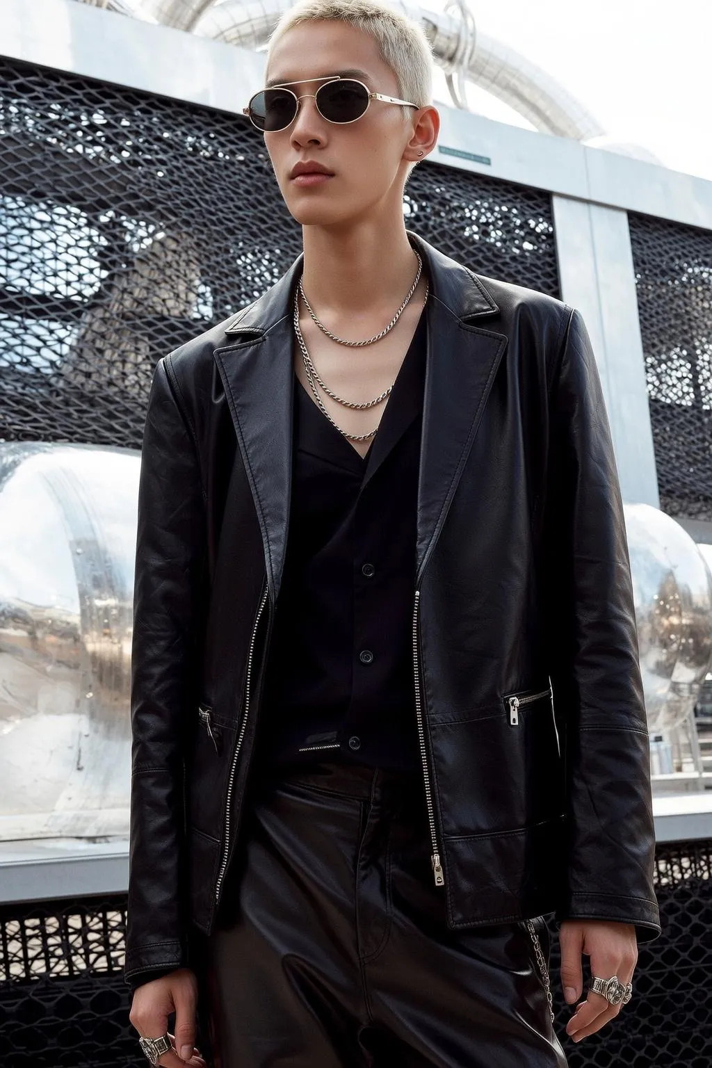 Sunglasses Earrings Necklace And Rings In Leather Jacket Portrait