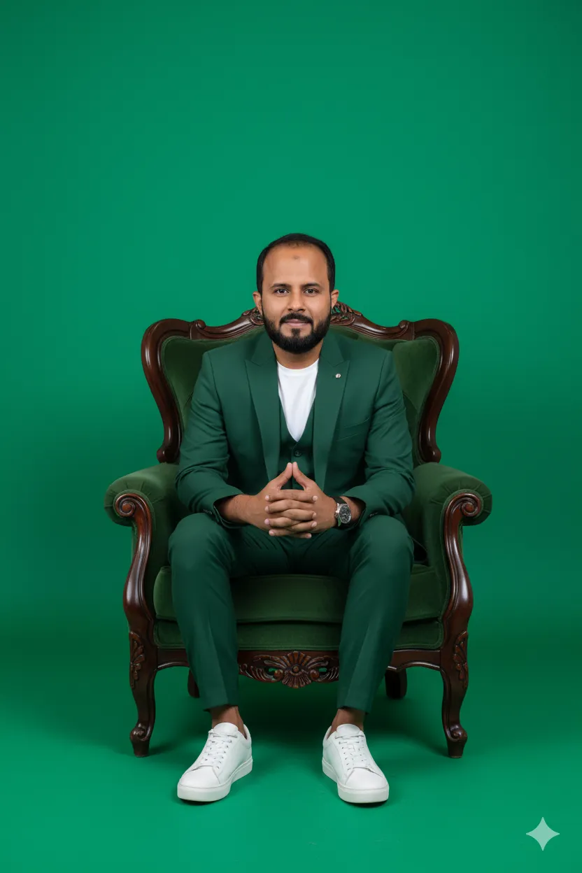 Green Suit White Sneakers Portrait