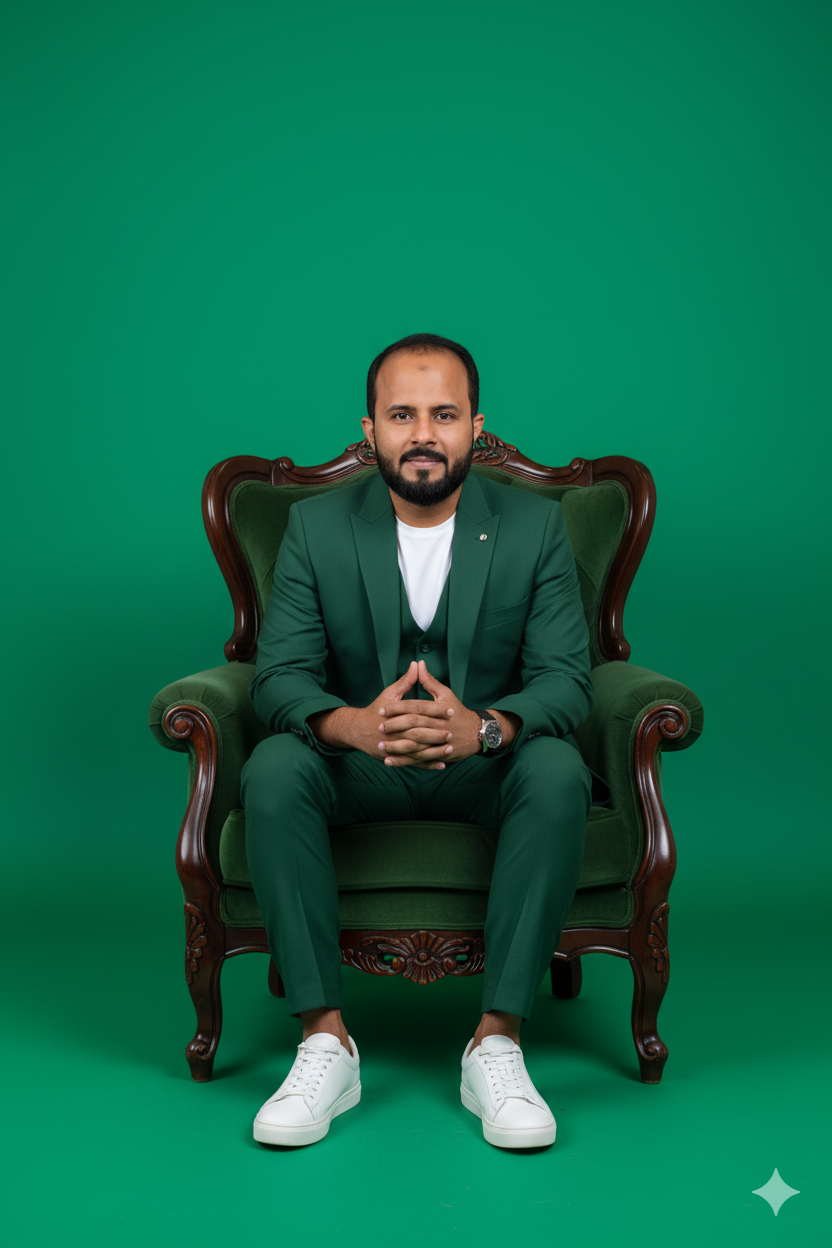 Green Suit White Sneakers Portrait