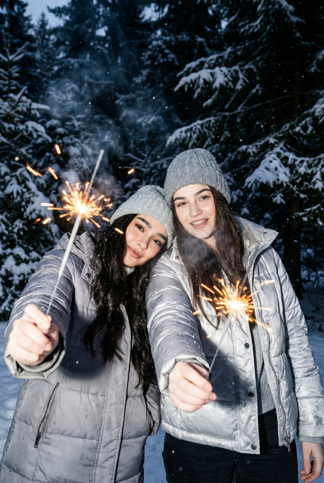 Two girls in luxurious gray-silver outfits holding sparklers in a snowy forest at dusk, one leaning on the other.