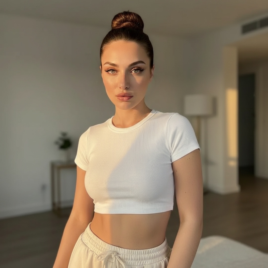 Photorealistic golden-hour home lifestyle preview with the reviewed outfit, pose, setting, lighting, and camera framing.