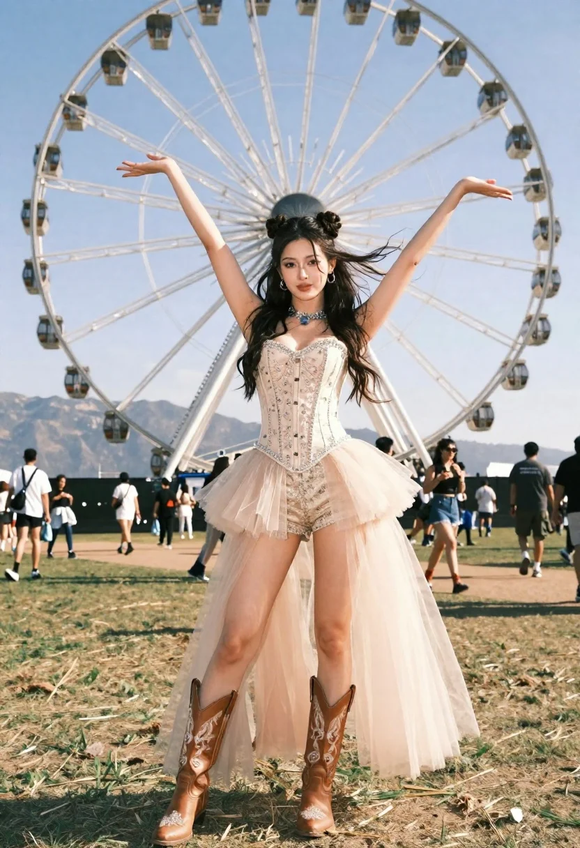 A confident woman stands with arms raised in a grassy field, sunlight highlighting her flowing hair and outfit.