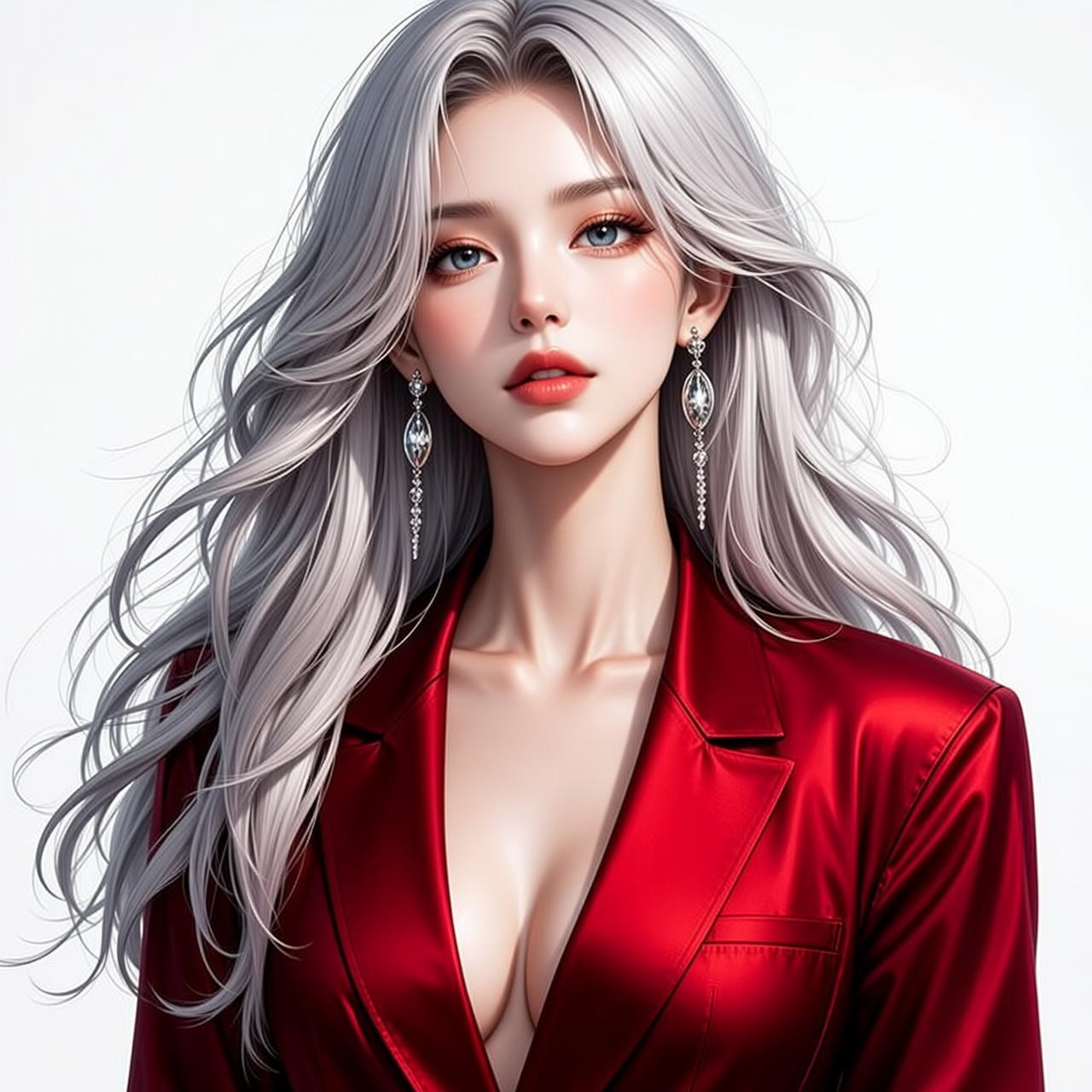 Red Satin Blazer Silver Hair