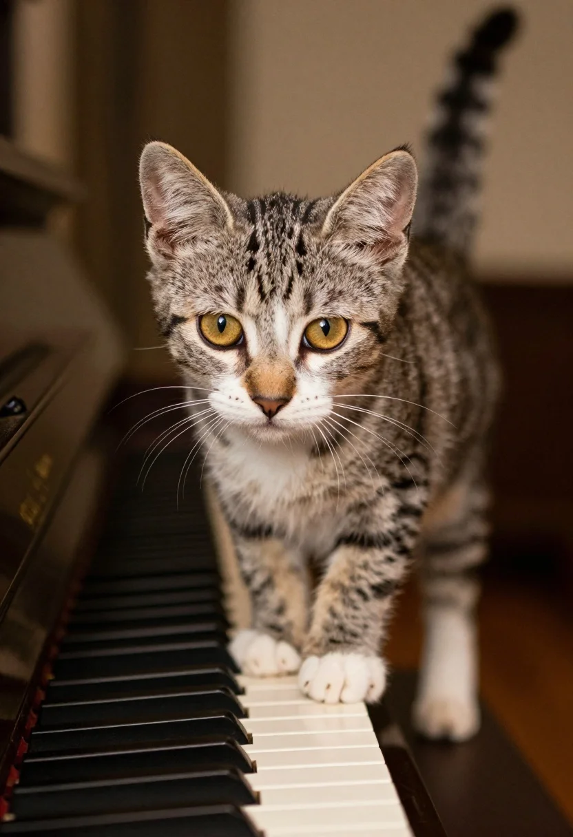 Small Tabby Kitten With Striking Yellow Eyes Stands Piano Keyboard