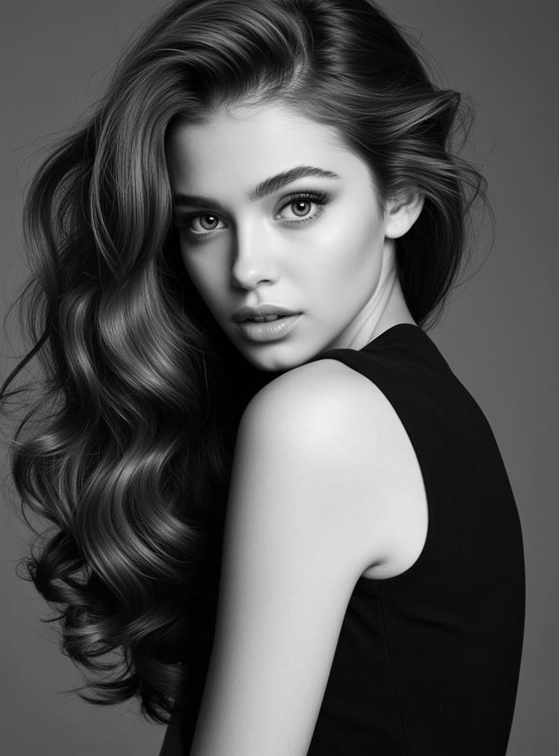 Black And White Medium Shot Portrait Young Woman With Long