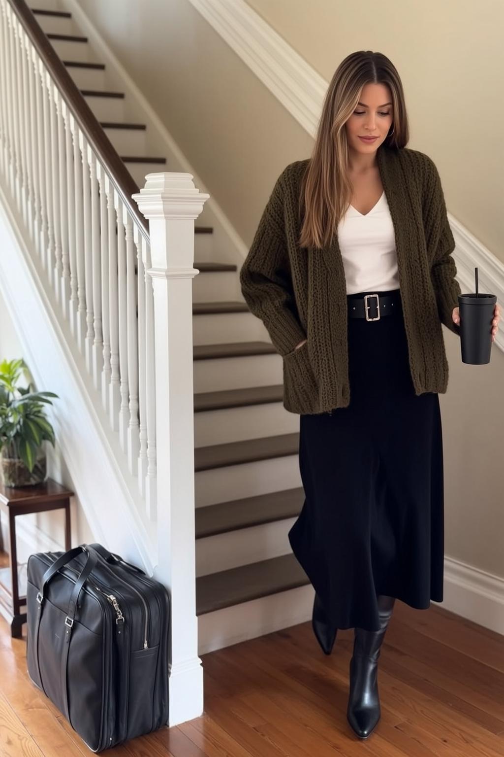 Green Cardigan Staircase Look