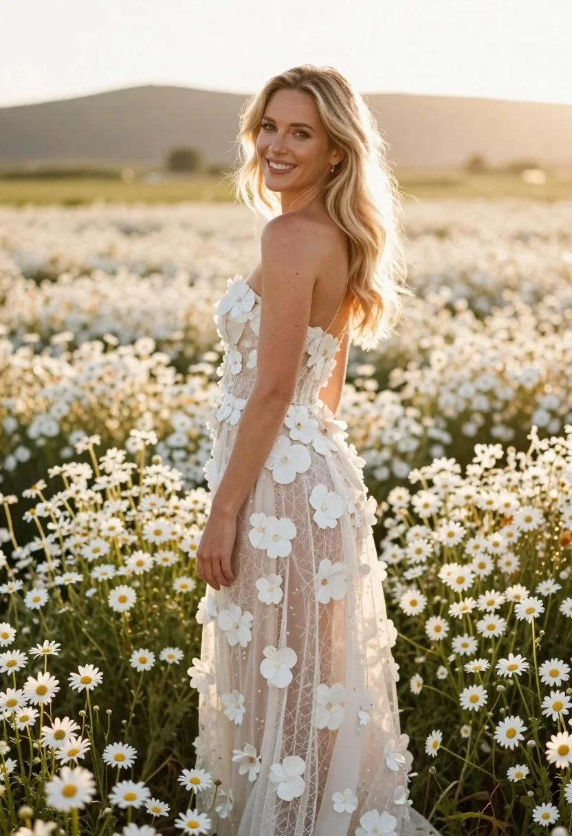 Photorealistic Medium Shot Smiling Woman Standing Sunlit Field White Daisies reference photo