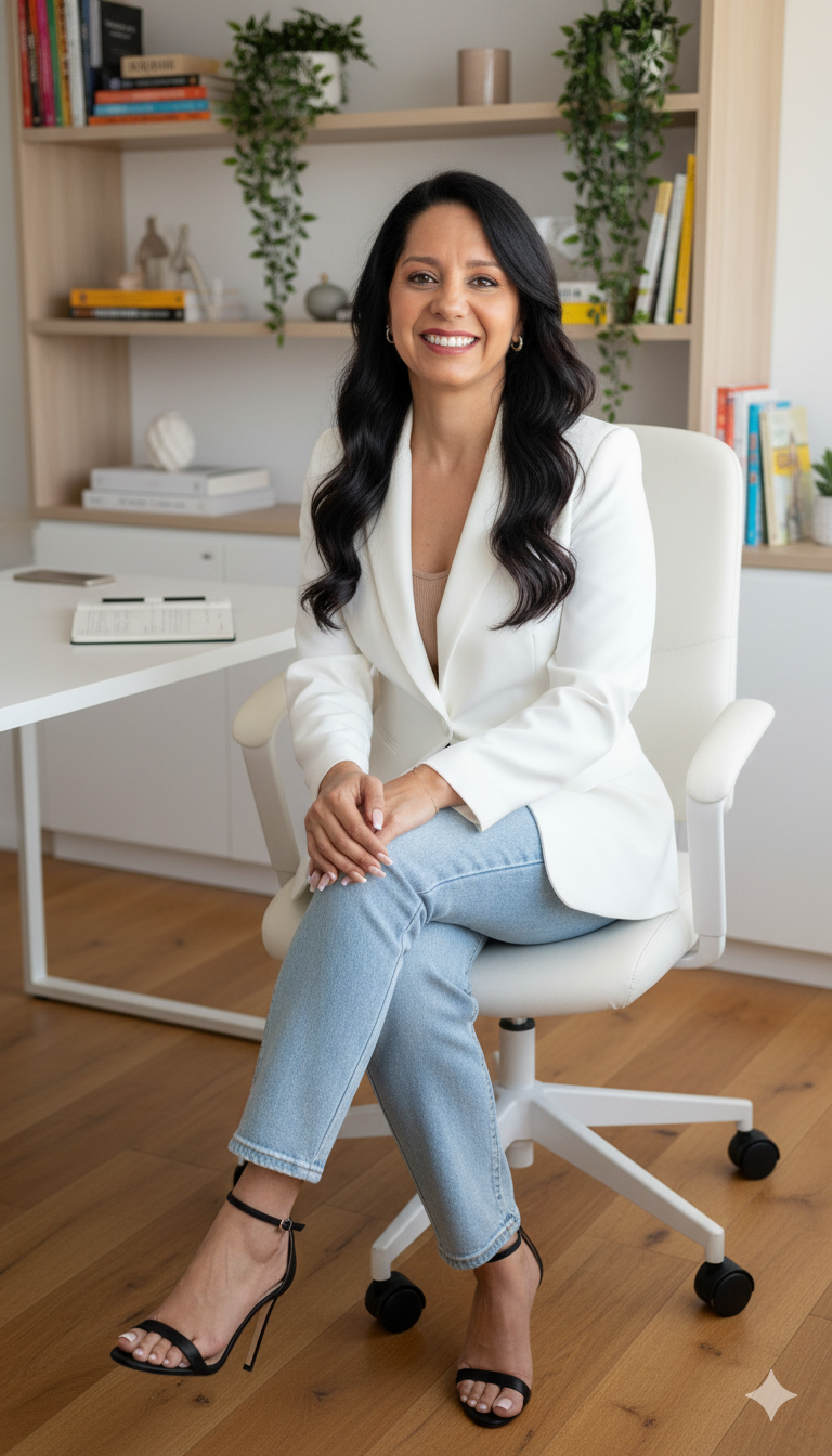 Mulher morena sorrindo em cadeira giratória branca em escritório minimalista, vestindo blazer branco e calça jeans clara, em ambiente claro e elegante.