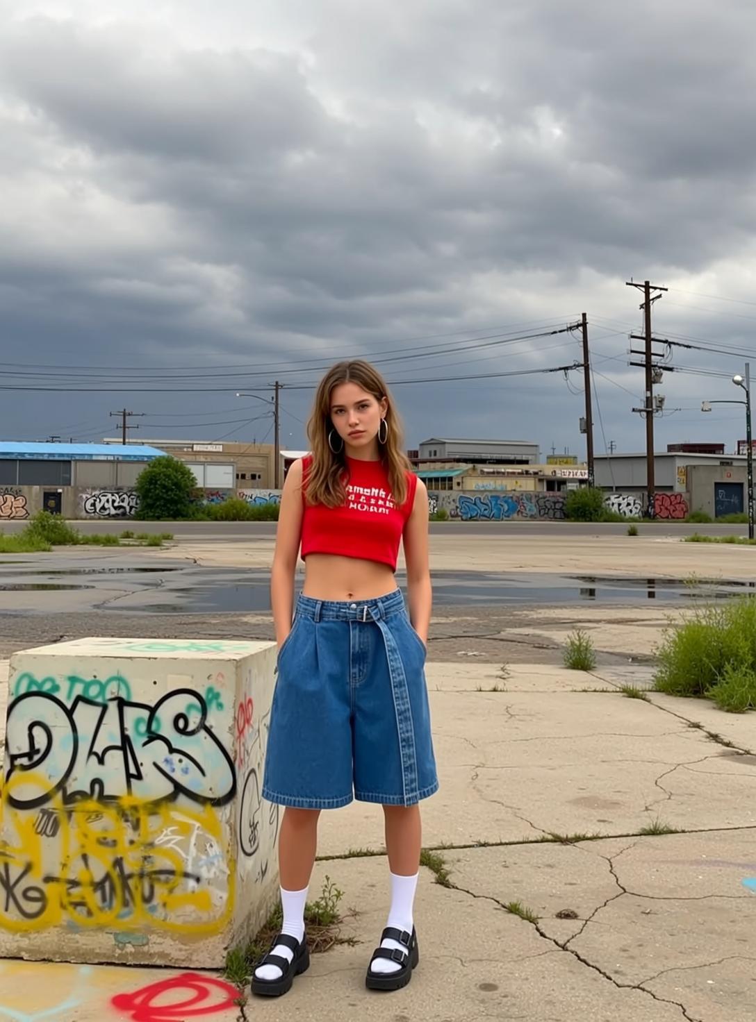 Urban Industrial Young Woman Red Crop Top Denim Shorts