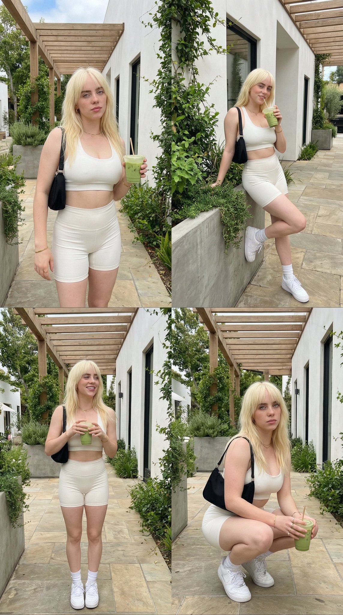 Blonde model in a cropped sports bra and high-waisted shorts, smiling while holding a green iced drink at an outdoor café walkway.
