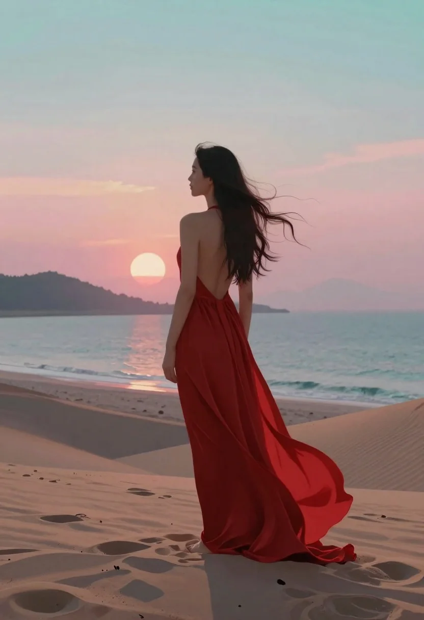 Digital Painting Woman Standing Beach Sunset Subject Slender Figure Seen reference photo