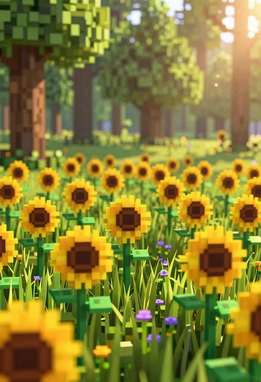 Sun-drenched Forest Clearing Filled With Field Pixelated Sunflowers And Grass