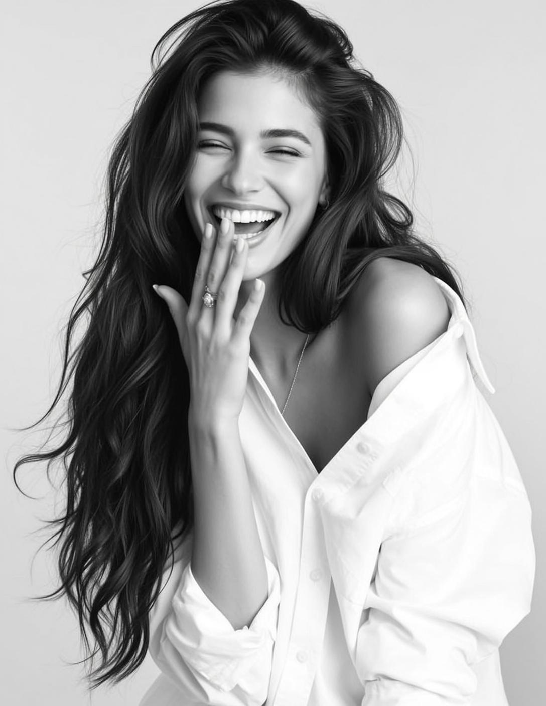 Black And White Medium Shot Portrait Young Woman With Long