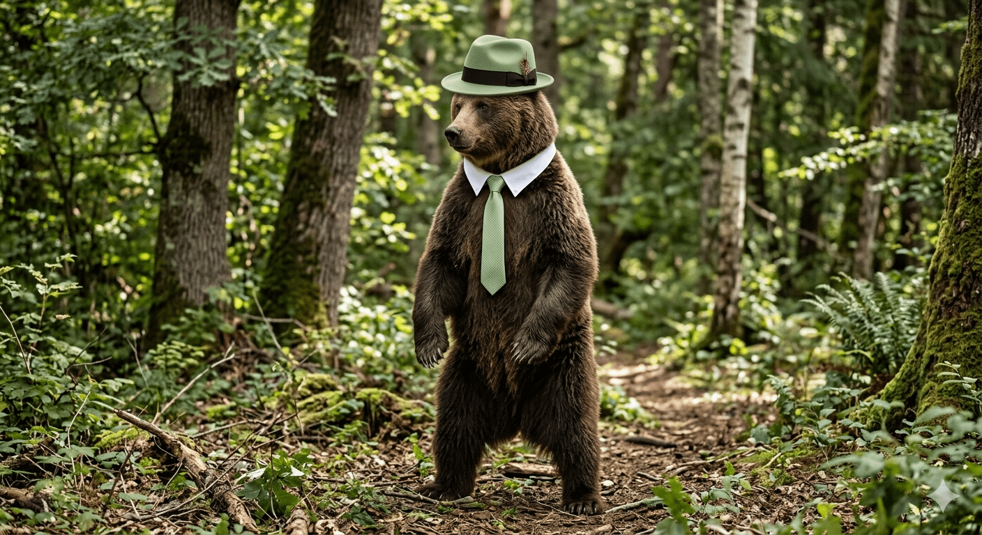 Bear In Woods Wearing Fedora And Necktie