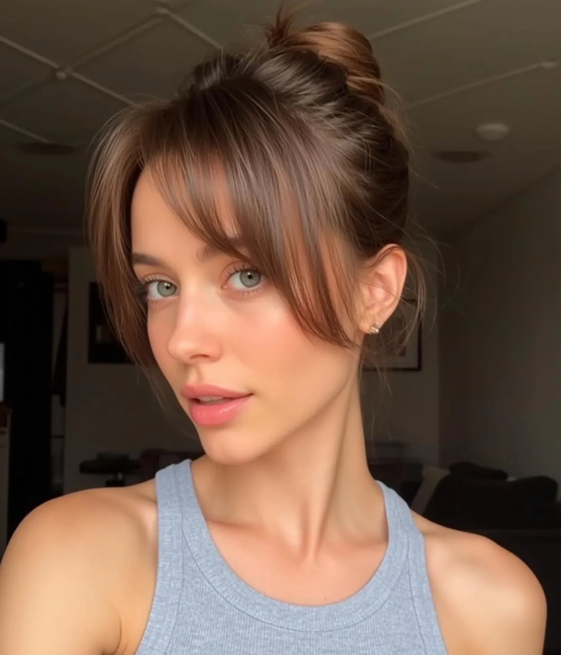 Brown Hair Messy Bun Fair Skin Couch Background