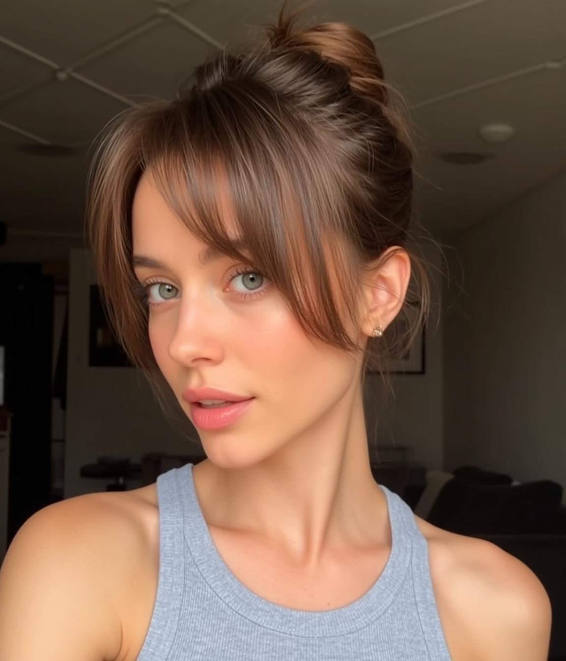Brown Hair Messy Bun Fair Skin Couch Background