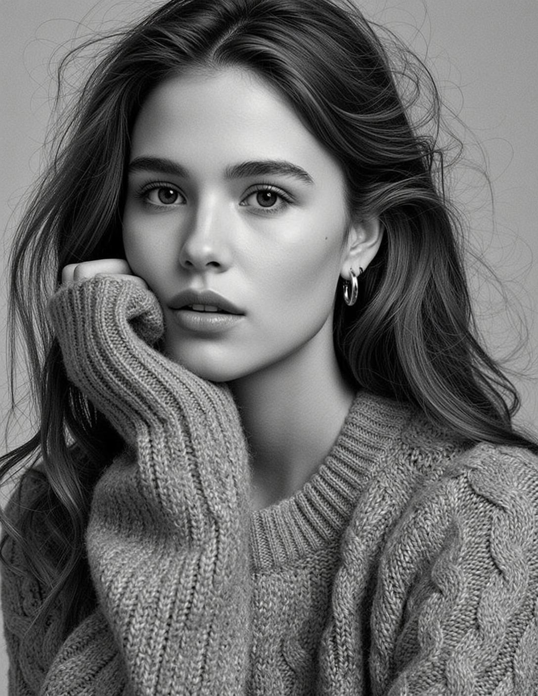 Photorealistic Medium Shot Portrait Young Woman Black And White With