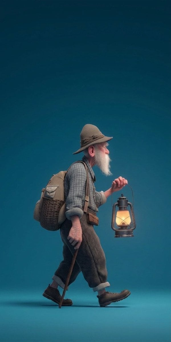 A full-body profile portrait of an elderly male hiker in a deep-teal background, holding a lit vintage lantern.