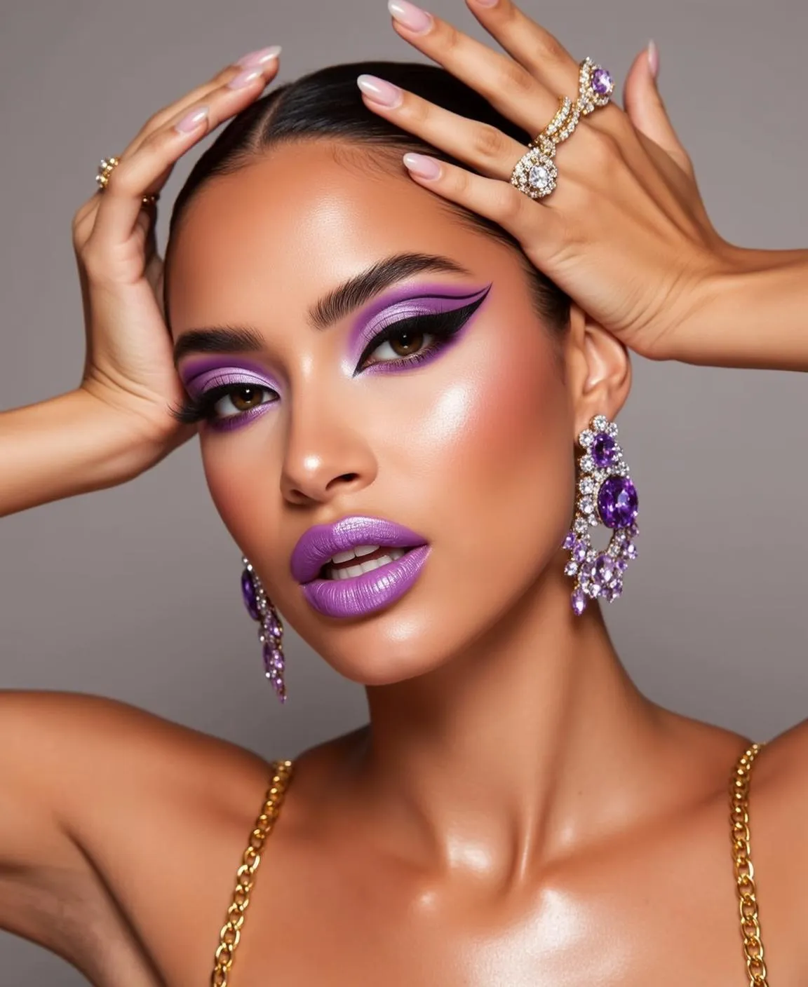 Makeup Earrings Rings And Lash Extensions In Studio Portrait